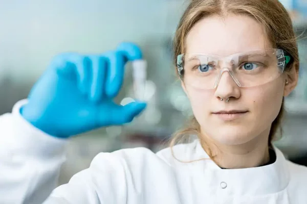 SwiftDX Research Scientist Looking At Vial SwiftDX Research Scientist Looking At Vial